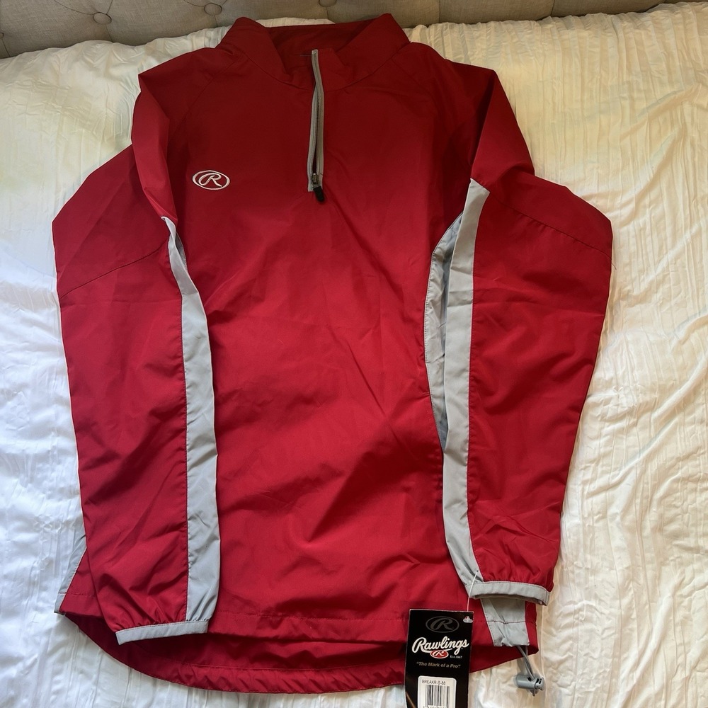 Rawlings Breaker Pullover Jacket Mens Small NWT Red/White 1/4 zip Warm up Nylon